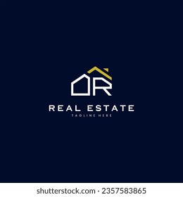 modern OR letter real estate logo in linear style with simple roof building in blue