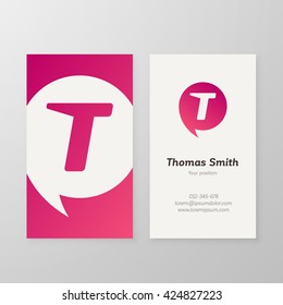 Modern letter T in speech bubble Business card template. Vector business personal card design. Layered, editable.