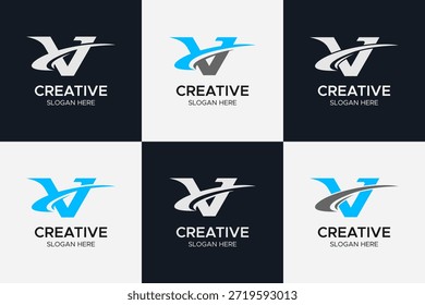 Modern Letter V Monogram Logo Set with Dynamic Swoosh and Abstract Geometric Shapes