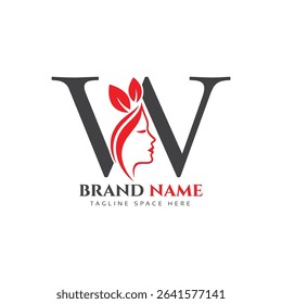 Modern Letter W Logo Design with Elegant Woman Profile Silhouette and Botanical Leaf Elements - Professional Beauty Brand Identity Template for Corporate Business.