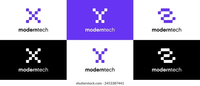 modern letter X, Y, Z tech technology logo with connecting dots