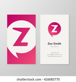 Modern letter Z in pink speech bubble icon Business card template. Vector personal sign. 