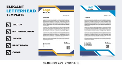 modern letterhead template for business company stationery design with A4 sheet vector format and editable layout in yellow and blue color