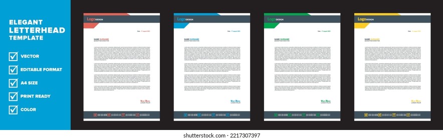 modern letterhead template for business company stationery design with A4 sheet vector format and editable layout multi color