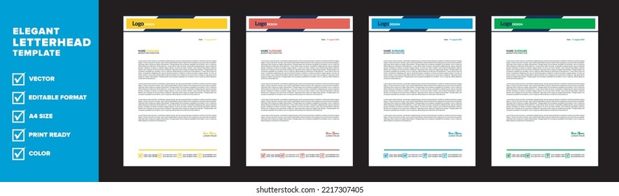 modern letterhead template for business company stationery design with A4 sheet vector format and editable layout multi color