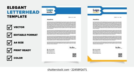 modern letterhead template for business company stationery design with A4 sheet vector format and editable layout in yellow and blue color