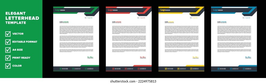 modern letterhead template for company stationery design with A4 sheet vector format editable with multi color. red yellow green and blue