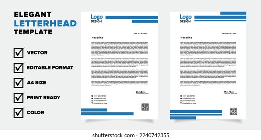 modern letterhead template for company stationery design with A4 sheet vector format and editable layout in blue color