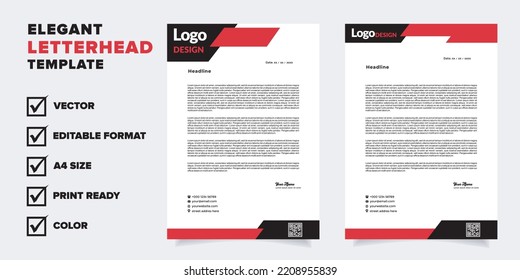 modern letterhead template for stationary design for business corporation with red and black color editable format	