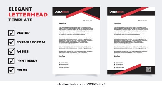 modern letterhead template for stationary design for business corporation with red and black color editable format	