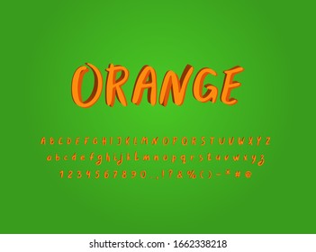 Modern lettering alphabet. Abstract vector typeface, uppercase and lowercase letters, numbers. Bright orange colors, green background