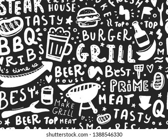 Modern Lettering Bbq Seamless Pattern. Barbeque Food Illustration For Menu Design