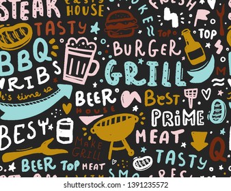 Modern lettering bbq seamless pattern. Barbeque food illustration for menu design