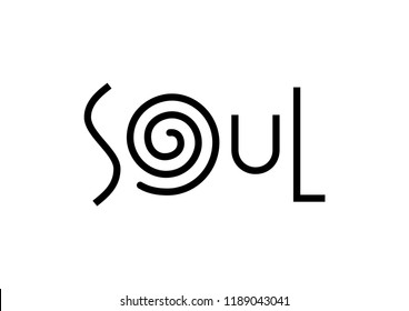 Modern lettering of Soul in black with swirl isolated on white background for decoration, logo