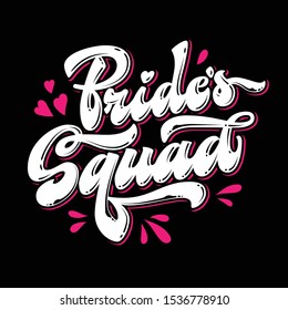 Modern lettering vector logo - Bride's Squad. Hand drawn hearts and splashes decored design for dark backgrounds. Street art, graffiti style word. Bachelorette, hen-party design element.