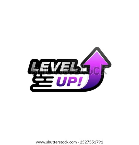 Modern level up text with purple gradient arrow and silver gradient isolated on white background.  Design for logo, icon, game, business, achievement, level up, celebrating. Vector illustration.