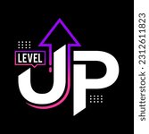 Modern Level Up Typography with Arrow Icon Logo Design. Sporty, Modern, Minimalist, Growth, Unique Concept. Vector Illustration