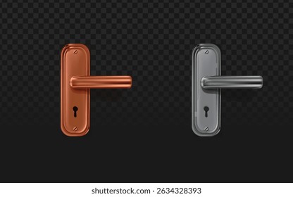 Modern lever door handles in rose gold and chrome finishes, with detailed backplates and keyholes. Perfect for renovation catalogs, hardware specs, or interior design mockups.