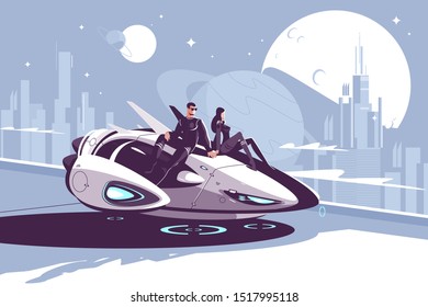 Modern levitation car vector illustration. Romantic couple of future sitting on high-tech automobile and looking on moon background of futuristic night city