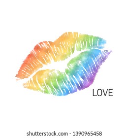 Modern LGBT flag in vector format. Lips in LGBT colors. Rainbow kiss with word LOVE for poster. LGBTQ love symbol background. Concept design