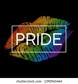 Modern LGBT pride flag in vector format. Lips in LGBT colors. Rainbow kiss with word PRIDE for poster. LGBTQ love symbol background. Concept design
