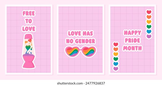 Modern LGBTQ+ posters with bold messages of love and equality, ideal for celebrating Pride Month. Cute, fun and bubbly cartoon style illustrations.