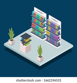 Modern library bookshelf isometric color vector illustration. Bookstore furniture. Textbooks at shelves. Public library room interior, bookcase 3d concept isolated on blue background