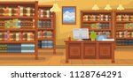 Modern library with bookshelf vector illustration. Librarians desk with desktop computer. Interior illustration