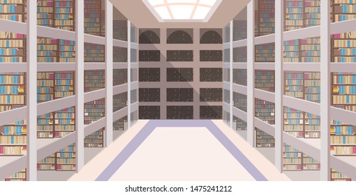 modern library corridor hall interior empty no people bookstore with bookshelves flat horizontal