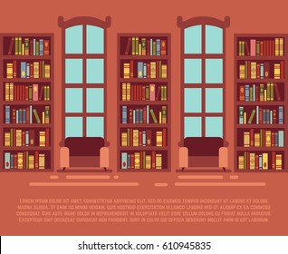 Modern library empty interior with bookcase, bibliotheca with bookselves vector illustration. Interior of library with wooden bookshelf set with books.