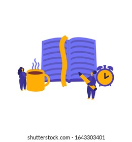 Modern library flat concept. Women holding pen near big book in bibliotheque. Web archive, books, library and literature. Metaphor of reading technology and culture
