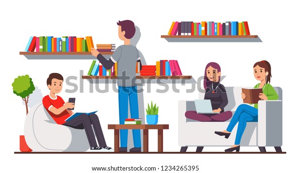 Modern library home style relaxation and reading zone room interior with book shelves, cozy bean bag chair and sofa couch. Students relaxing sitting, reading together. Flat cartoon vector illustration