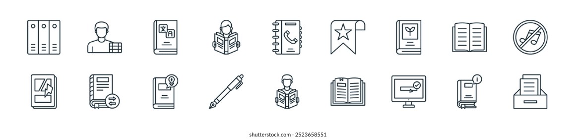 modern library icon pack. perfect for linear ui designs featuring vector archive, book, booking, open book, reading book, fountain pen, knowledge and more icons for mobile and web apps.