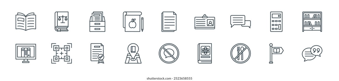 modern library icon pack. perfect for linear ui designs featuring vector quotes, direction, no eating, physics, no talking, location, certificate and more icons for mobile and web apps.