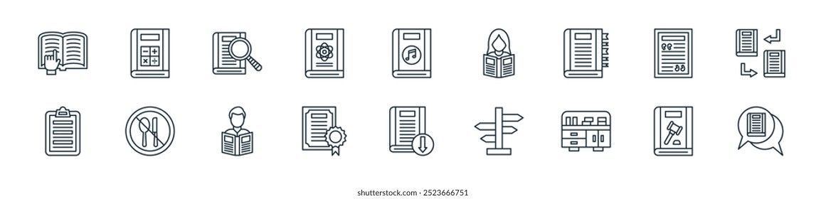 modern library icon pack. perfect for linear ui designs featuring vector chat, law book, cabinet, direction, download, certificate, reading book and more icons for mobile and web apps.