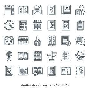 modern library icon pack. perfect for linear ui designs featuring vector sketch, teared book, aebra, reading, book and more icons.