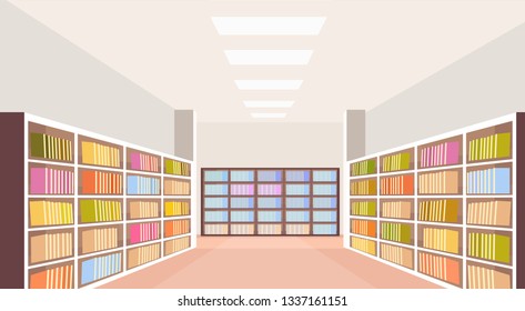 modern library interior bookshelf empty no people room bookcase with books reading education knowledge concept flat horizontal