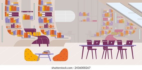 A modern library interior with colorful bookshelves, reading areas, and laptops on desks. Vector illustration of a quiet study environment