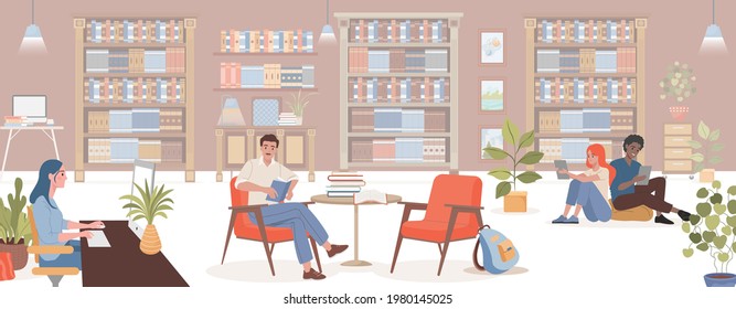 Modern library interior design with shelves and racks with books. People sitting in comfortable armchairs and reading books, studying, working on computer at public library vector flat illustration.