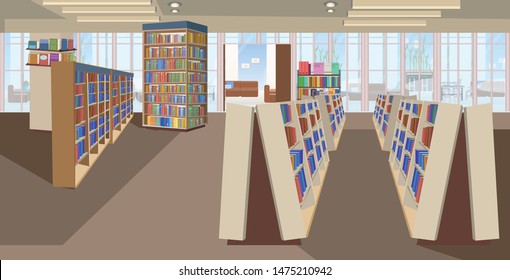 Modern Library Interior Empty No People Bookstore With Bookshelves Flat Horizontal Vector Illustration