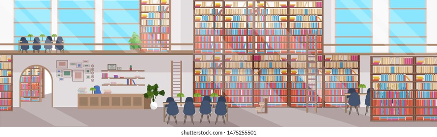 modern library interior empty no people. Bookstore with bookshelves. Reception with round table and chairs. Flat horizontal banner