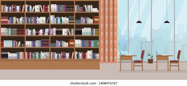 Modern library interior with grand bookshelf and large window with cityscape on background. Vector illustration.