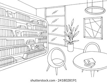 Modern library interior graphic black white sketch illustration vector