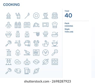 Uma biblioteca moderna que oferece 40 ícones de linha fina para cozinhar, otimizados para fluxos de trabalho vetoriais.