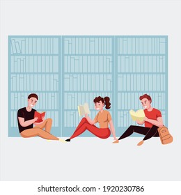 Biblioteca moderna con área de lectura al aire libre catálogo de computadoras libros en línea acceso a iconos planos composición ilustración vectorial
