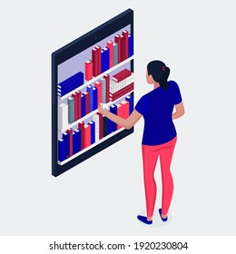 Modern library with outdoor reading area computer catalog online books access flat icons composition vector illustration