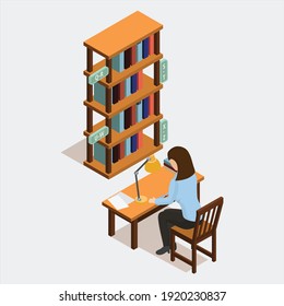 Biblioteca moderna con área de lectura al aire libre catálogo de computadoras libros en línea acceso a iconos planos composición ilustración vectorial