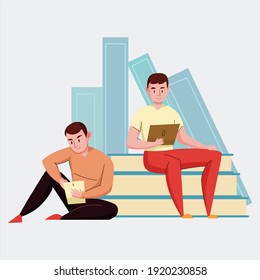 Modern library with outdoor reading area computer catalog online books access flat icons composition vector illustration