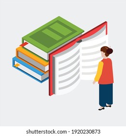 Biblioteca moderna con área de lectura al aire libre catálogo de computadoras libros en línea acceso a iconos planos composición ilustración vectorial