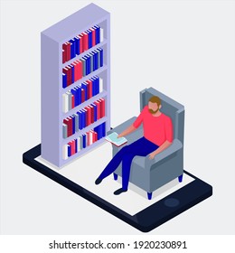 Modern library with outdoor reading area computer catalog online books access flat icons composition vector illustration